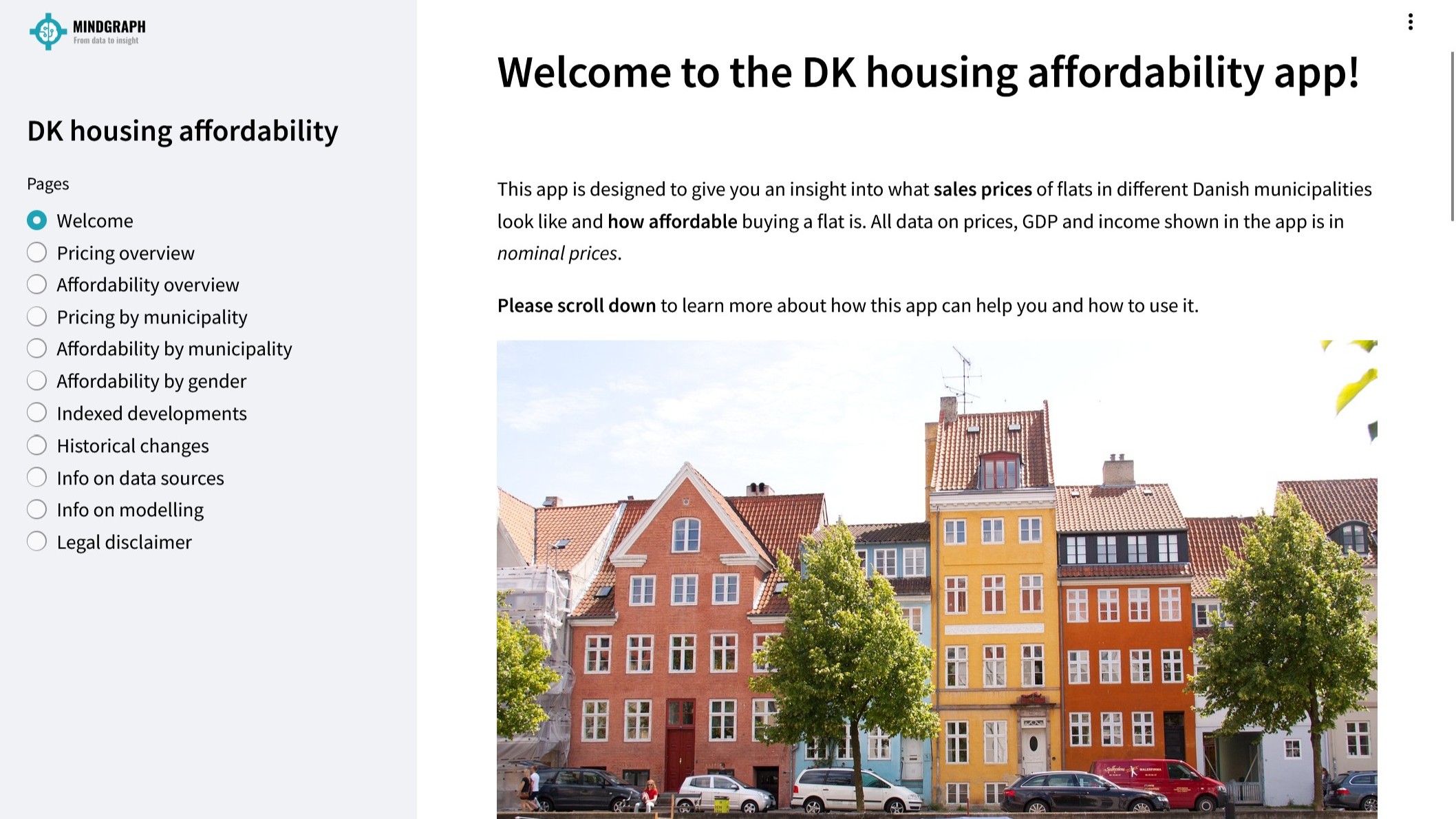 Front page from an interactive app on housing prices in Denmark